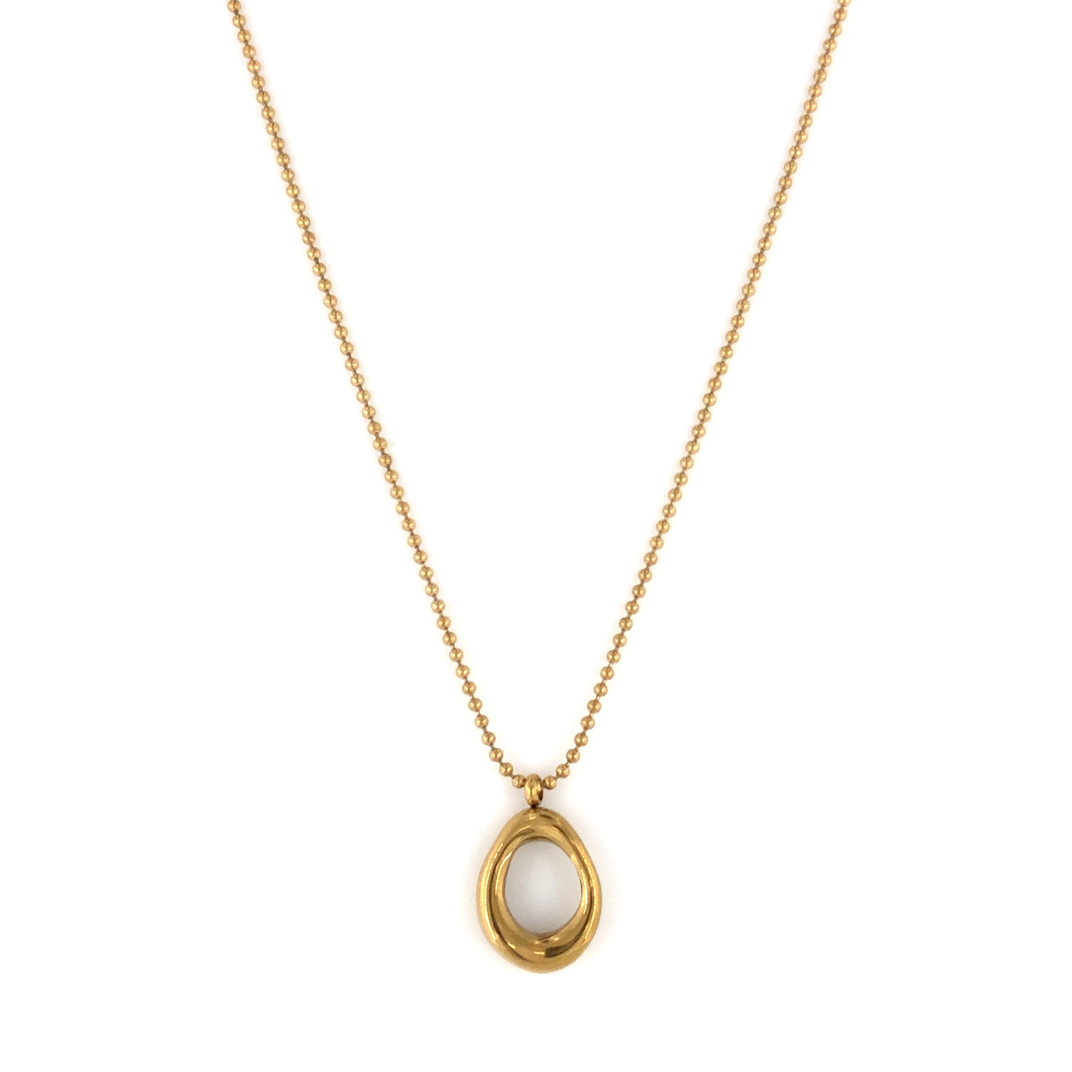 A gold-colored necklace with a uniquely sculpted open-circle pendant on a delicate beaded chain.