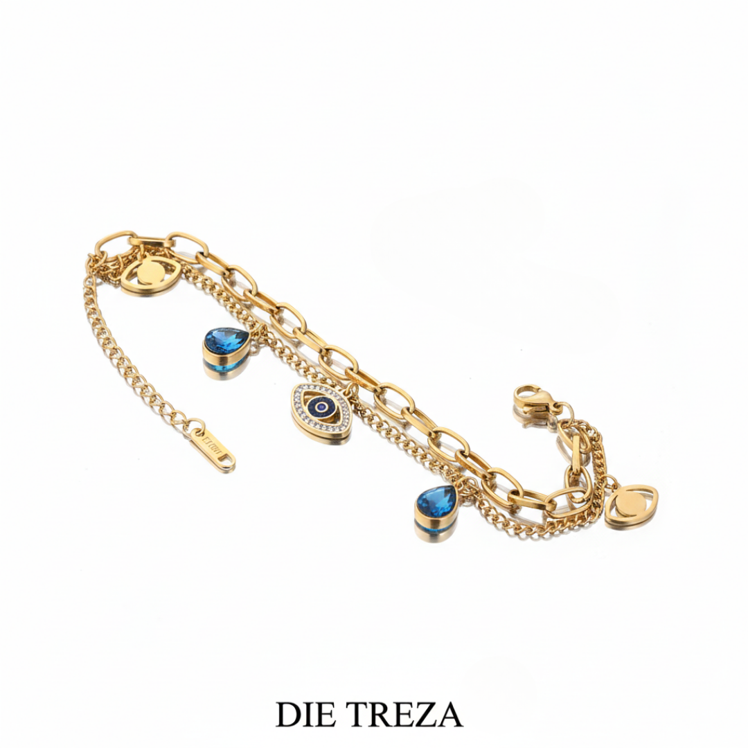 Gold bracelet with charms on a white background, featuring the brand 'DIE TREZA'.