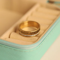 Athena Luxe Band – Minimal Gold Ring with Greek Key & Stone Detailing