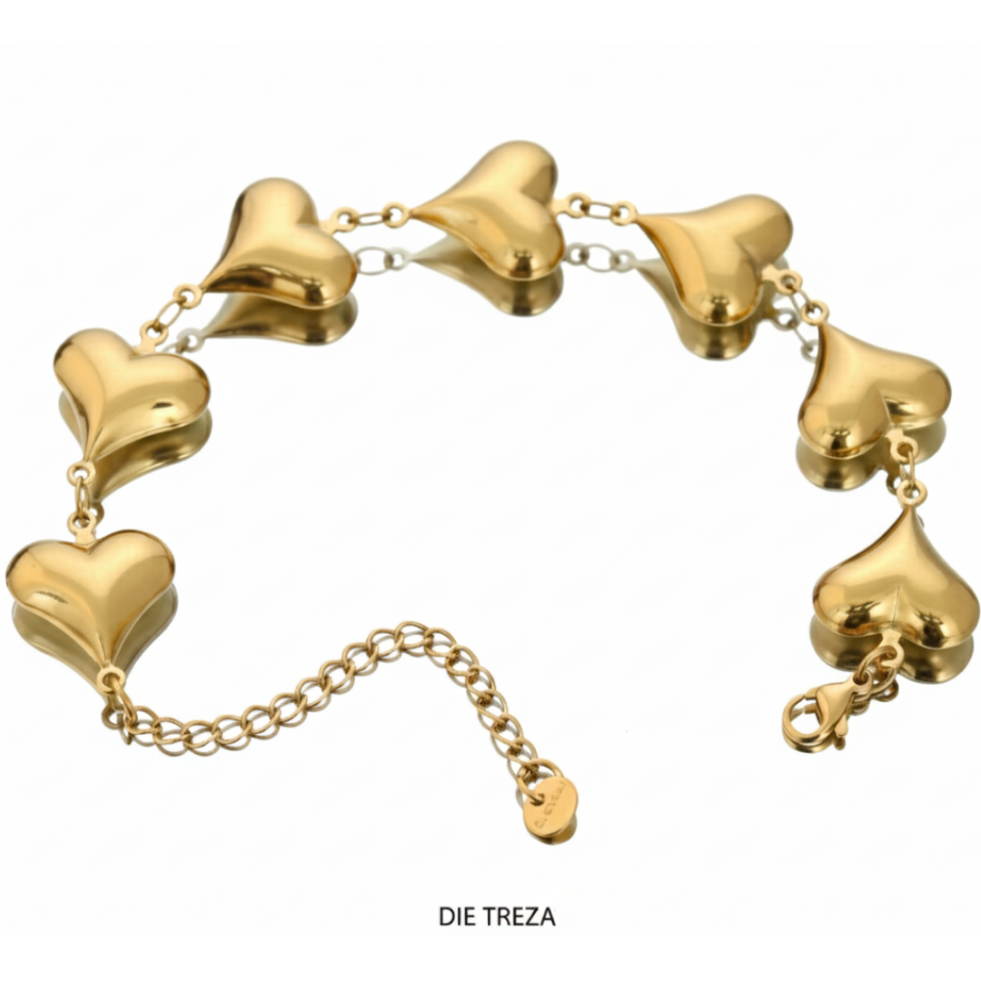 Gold bracelet with heart-shaped charms on a white background