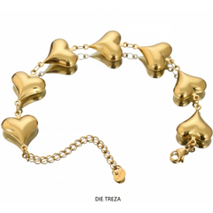 Gold bracelet with heart-shaped charms on a white background