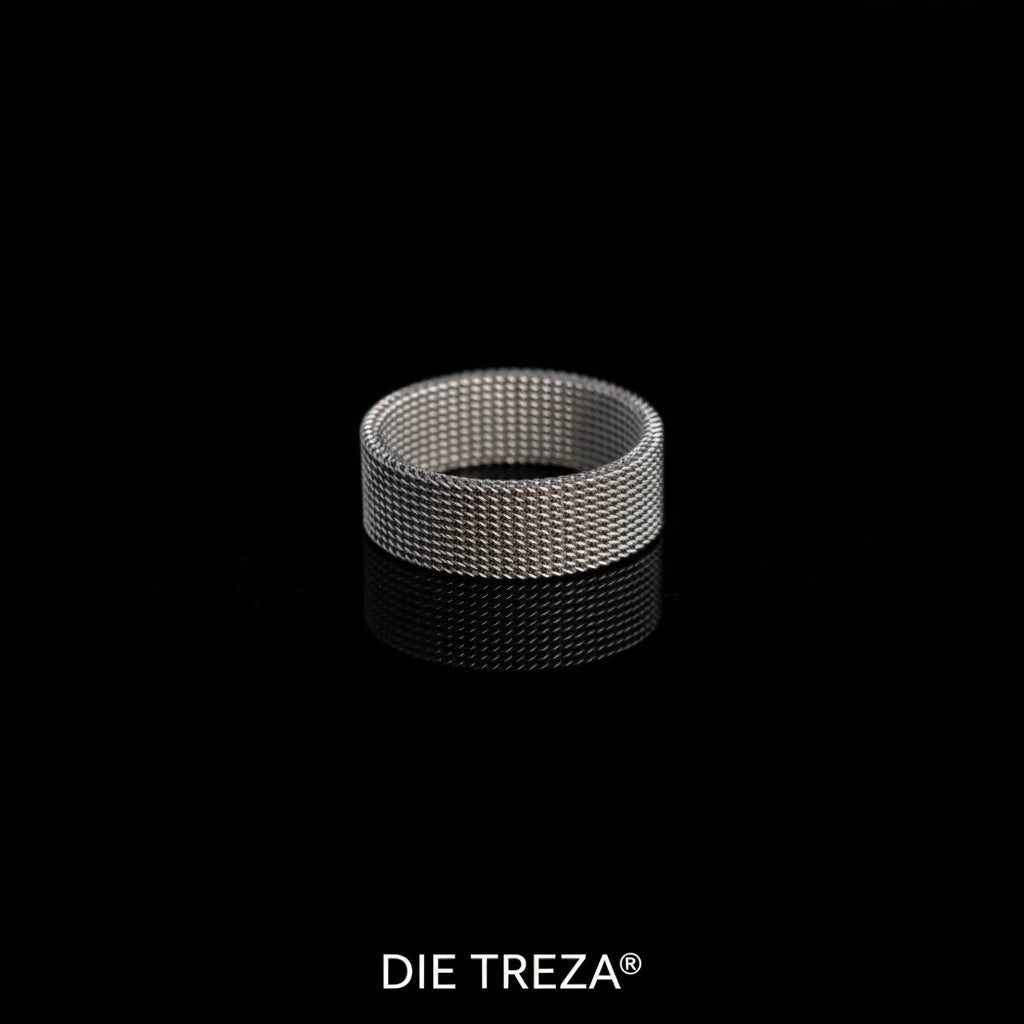 Silver woven ring on a black background with 'DIE TREZA' branding.