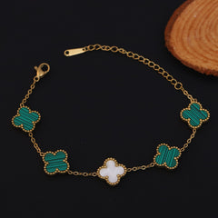 Elegant Clover Charm Gold Plated Bracelet | White & Green