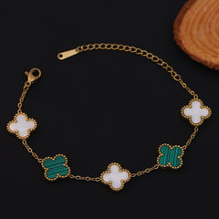 Elegant Clover Charm Gold Plated Bracelet | White & Green