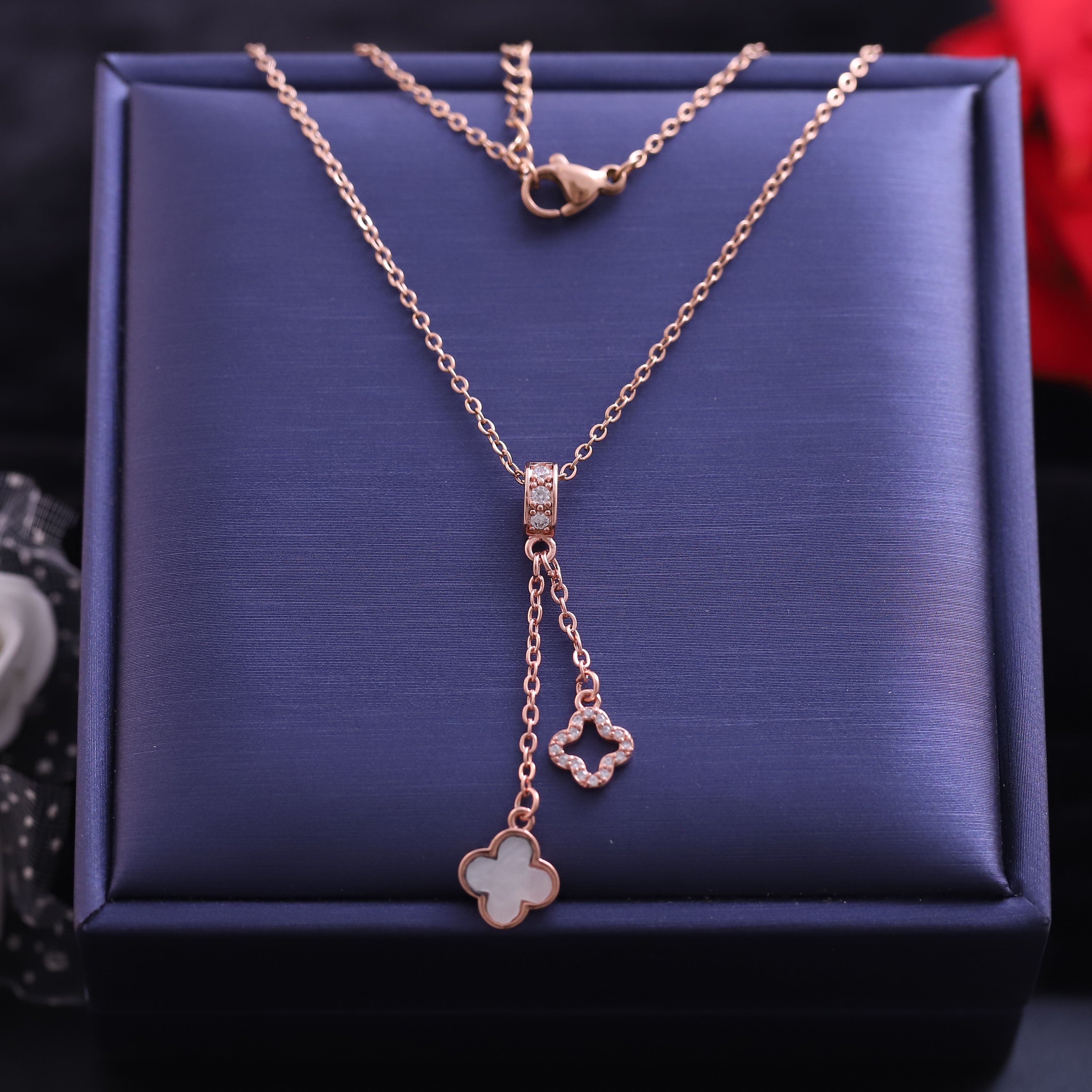 Elegance Bloom Dual Drop Clover Pendant Necklace