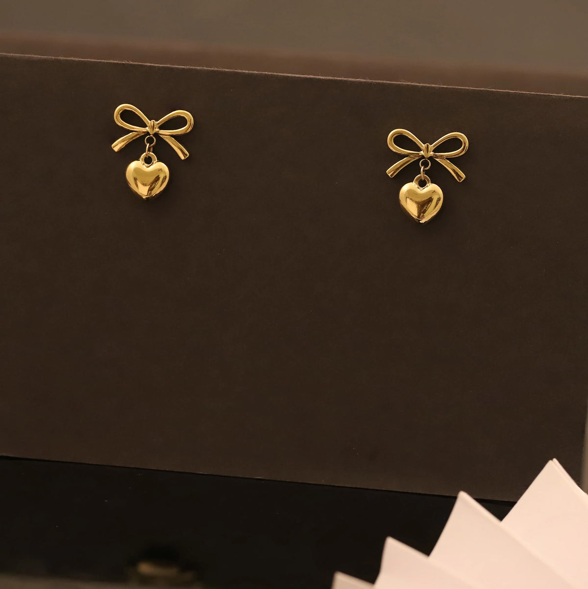 Golden Bow Heart Earrings