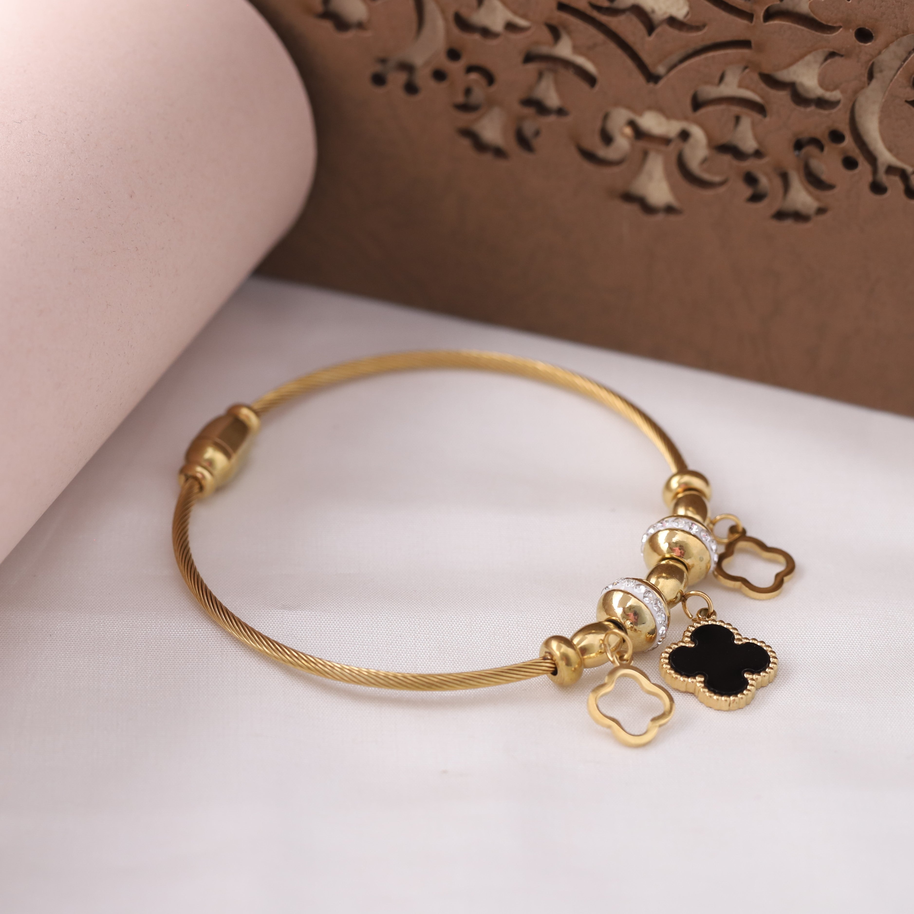 Clover Charm Cable Bracelet with Crystal Beads