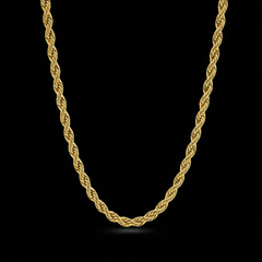 Gold rope chain necklace on a black background